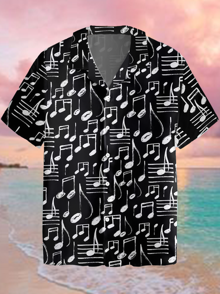

Casual Music Series Note Element Pattern Lapel Short Sleeve Print Shirt Top, Black, Men's Floral shirt
