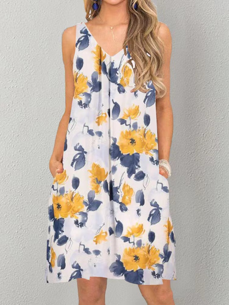 

Floral V Neck Regular Fit Short Sleeve Woven Dress, Yellow, Mini Dresses