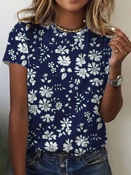 

Floral Loosen Vacation Short Sleeve T-Shirt, Blue, T-Shirts