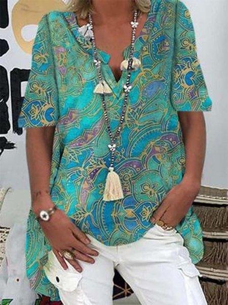

Casual V Neck Printed Loosen Short Sleeve Tops, As picture, Tops