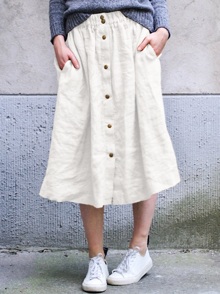 

Linen Solid Casual Long Skirt, White, Skirts