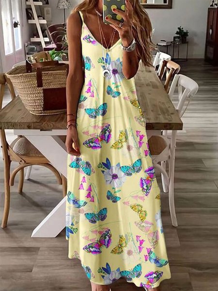 

Butterfly V Neck Sleeveless Casual Dresses, Yellow, Maxi Dresses