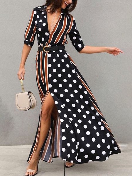 

Polka Dots Vacation Short Sleeve Woven Maxi Dress, Black, Maxi Dresses