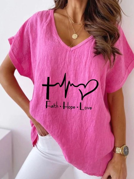

Casual Short Sleeve V Neck Plus Size Printed Tops, Rose red, Tops