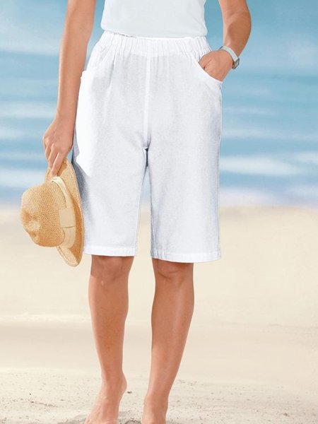 

Casual Linen Solid Loosen Pocket Shorts, White, Shorts