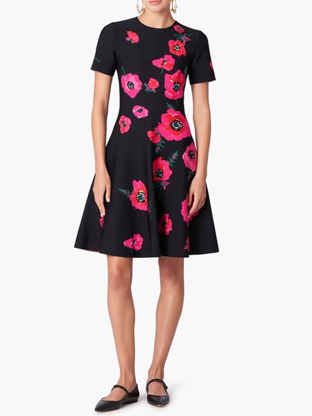 

Simple Floral Short Sleeve Knit Dress, Black, Midi Dresses