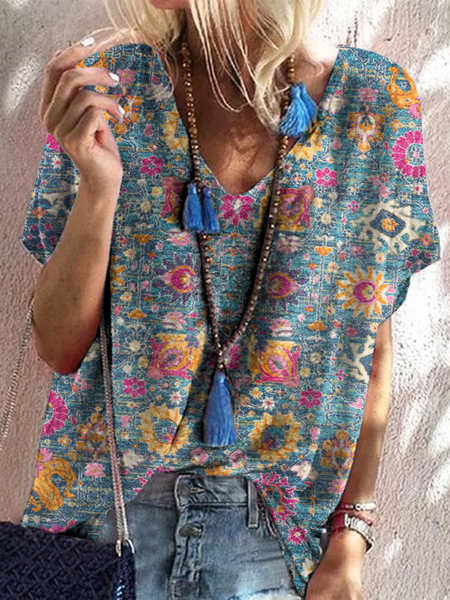

Casual V Neck Tribal Loosen Short Sleeve T-Shirt, Multicolor, T-Shirts