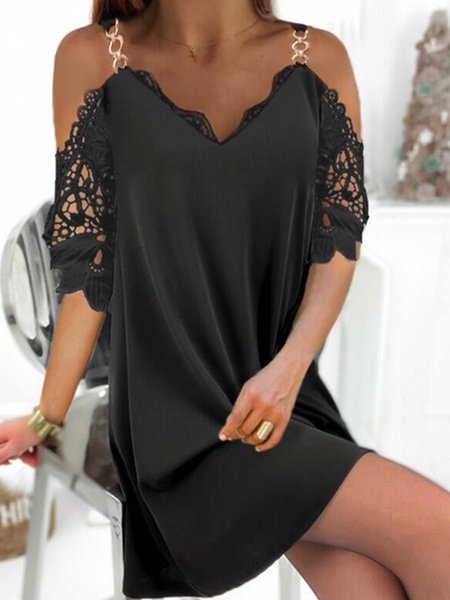 

Loosen V Neck Short Sleeve Knit Dress, Black, Mini Dresses