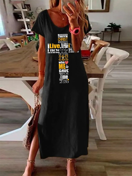 

Jesus Cross Print Casual Round Neck Short Sleeve Midi Dress, Black, Dresses