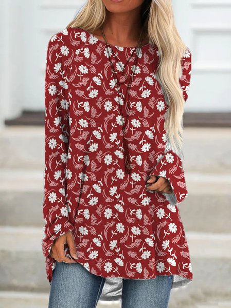 

Floral Loosen Crew Neck Vacation Long Sleeve Tops, Red, Long sleeve tops