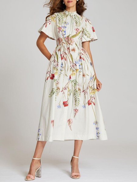 

Elegant Stand Collar Floral Short Sleeve Printed Dress, White, Midi Dresses