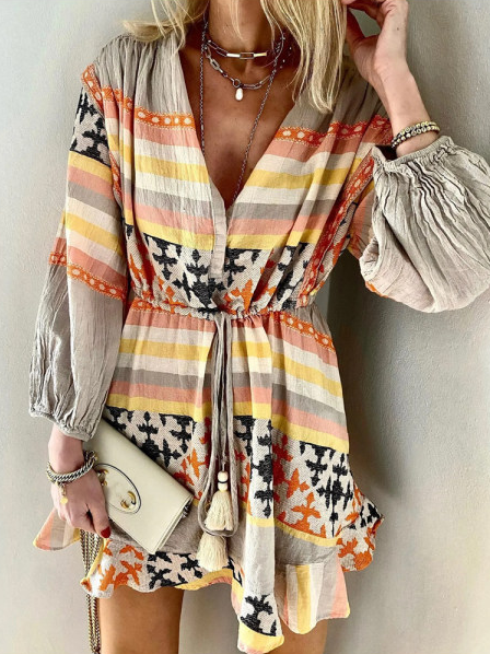 

Tribal Boho V Neck Long Sleeve Woven Dress, Khaki, Mini Dresses