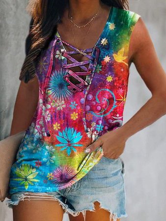 

Floral Tie Neck Knit Tank, Multicolor, Tanks & Camis
