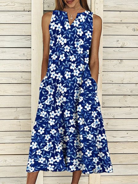 

Floral V Neck Sleeveless Pockets A-line Dresses, Blue, Midi Dresses
