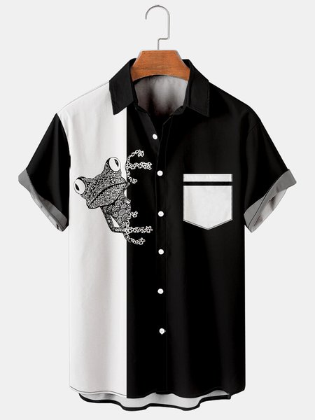 

Mens Frog Print Loose Chest Pocket Short Sleeve Bowling Shirts, Black, Men's Floral shirt
