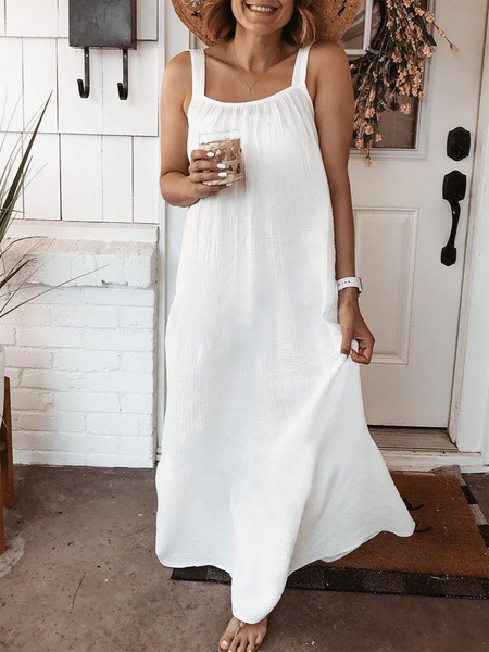 Plus size Casual Sleeveless Plain Holiday Dress, White, Maxi Dresses