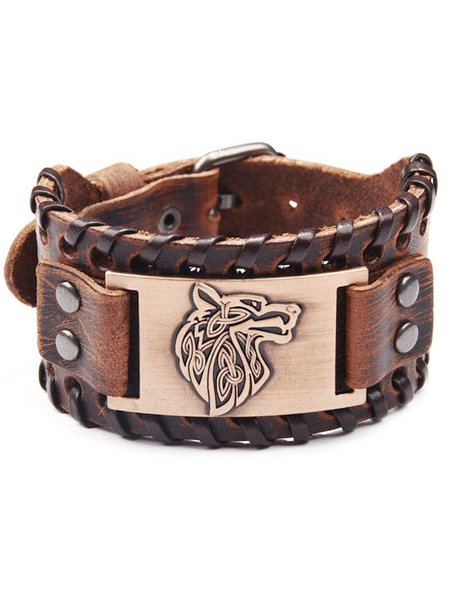 JFN Men's Viking Dragon Alloy Wide Leather Bracelet, Brown, Men's Accessories