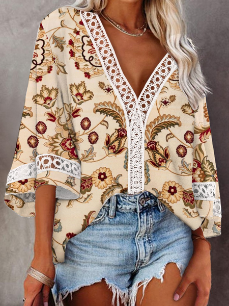 

V Neck Boho Flare Sleeve Lace Short Sleeve Tops, Beige, Shirts & Blouses