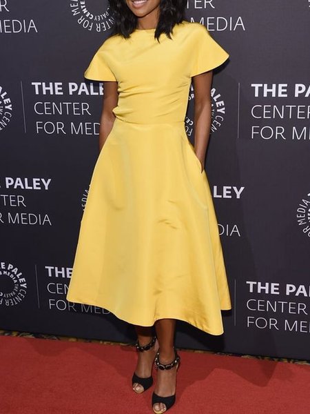 

Elegant Short Sleeve Woven Dress, Yellow, Midi Dresses