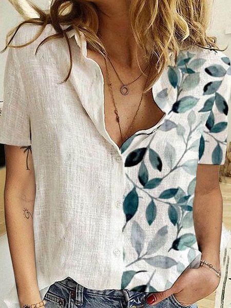 

Leaves Printed Casual Loosen Shirt Collar Buttoned Short Sleeve Blouse, White, Blouses & Shirts