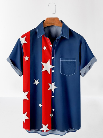 

Mens American Flag Print Loose Chest Pocket Short Sleeve Hawaiian Shirts, Blue, Men's Floral shirt