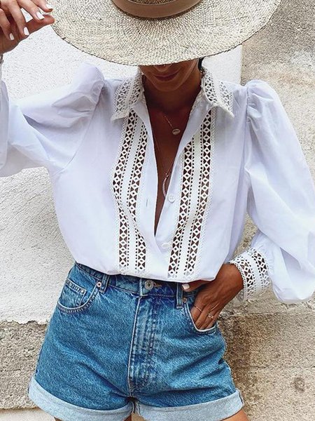 

Shirt Collar Vacation Long Sleeve Blouse, White, Blouses and Shirts