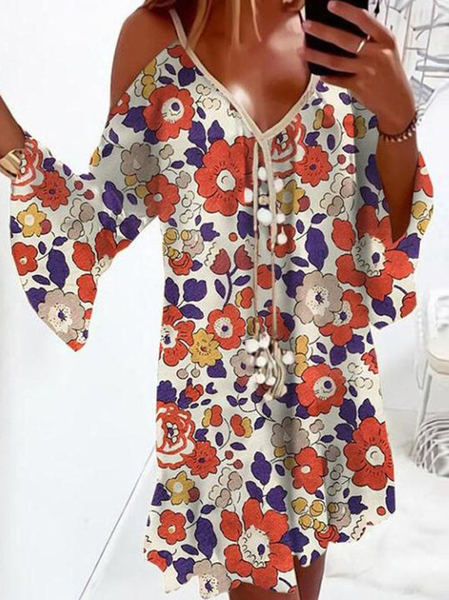 

V Neck Loosen Floral Long Sleeve Woven Dress, Multicolor, Dresses