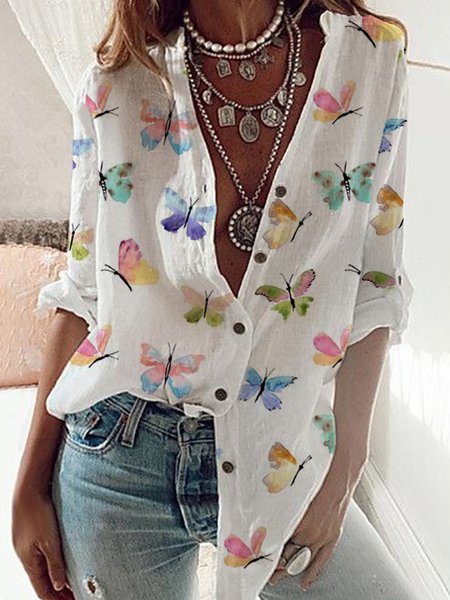 

Casual Butterfly Loosen Stand Collar Long Sleeve Blouse, As picture, Blouses & Shirts