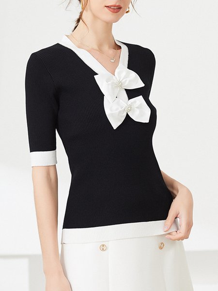Crew Neck Elegant Plain Short Sleeve Top, Black, Tops