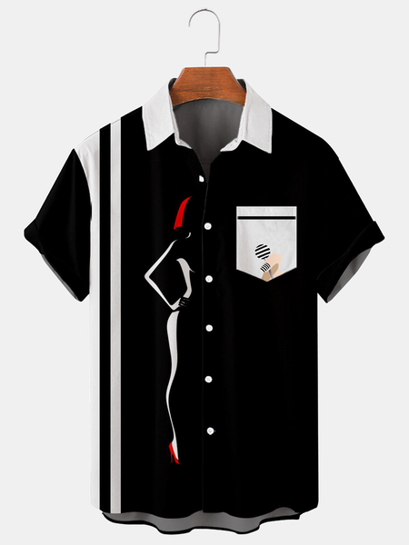

Casual Style Art Series Character Abstract Line Element Lapel Short Sleeve Shirt Print Top, Black, Men's Floral shirt