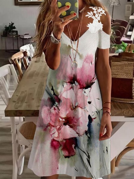

Floral Casual Short Sleeve Knit Dress, White, Mini Dresses