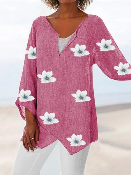 

Floral Casual V Neck Long Sleeve Tops, Rose red, Tops