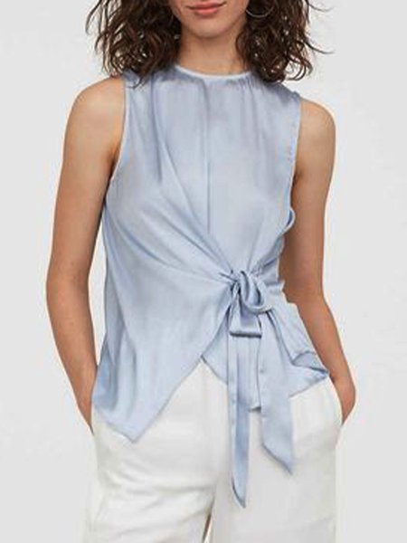 

Crew Neck Solid Sleeveless Lace-up Top, Light blue, Tunics