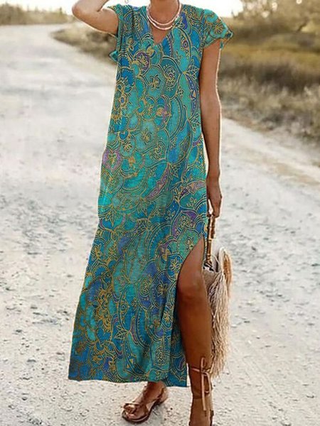 

Painted V Neck Casual Short Sleeve Knit Dress, Green, Maxi Dresses