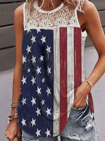 

Flag Crew Neck Lace Casual Knit Tank, Multicolor, Tanks & Camis