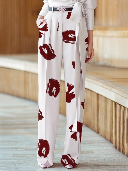

Elegant Abstract Regular Fit Pants, White, Wide Leg Pants