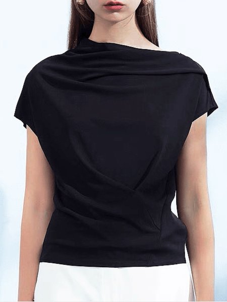 

Summer Lightweight Loosen Asymmetrical Neck Short Sleeve Daily Tops, Black, Tops