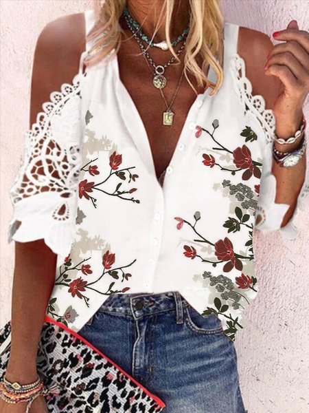 

Casual Floral Half Sleeve Plus Size Printed Tops Blouses, White, Blouses & Shirts