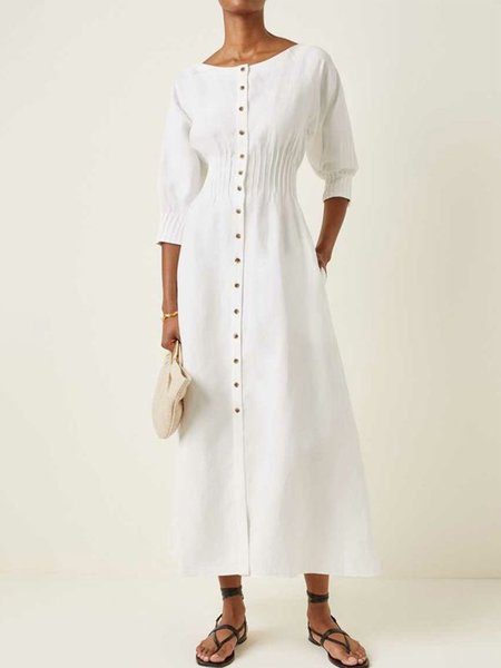 

V Neck Plain Simple Short Sleeve Woven Dress, White, Maxi Dresses