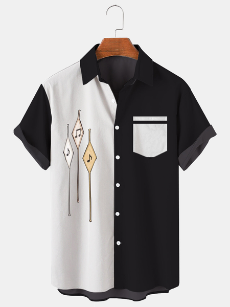 

Casual Style Art Series Geometric Note Element Lapel Short-Sleeved Shirt Print Top, Black, Men's Floral shirt