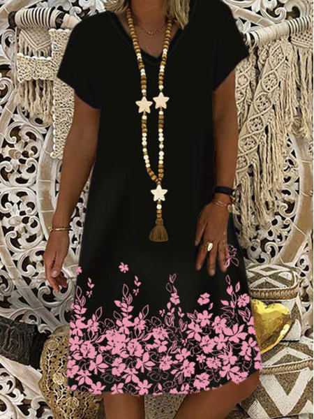

Vacation Floral Loosen Short Sleeve Women Dress, Black, Dresses