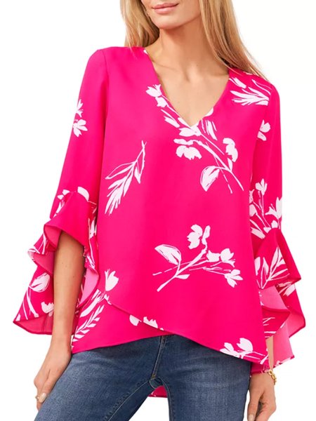 

V Neck Regular Fit Vacation Long Sleeve Top, Rose red, Tops