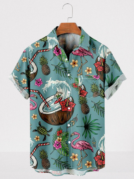 

Mens Aloha Flamingo Print Loose Chest Pocket Short Sleeve Hawaiian Shirts, Blue, Men's Floral shirt