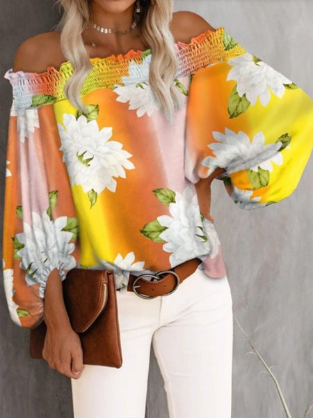 

Vacation Long Sleeve Floral Boat Neck Floral Top, Orange, Blouses and Shirts