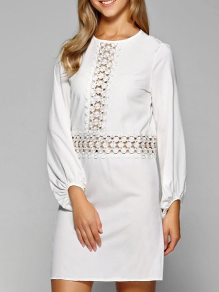 

Loosen Casual Crew Neck Long Sleeve Woven Dress, White, Dresses