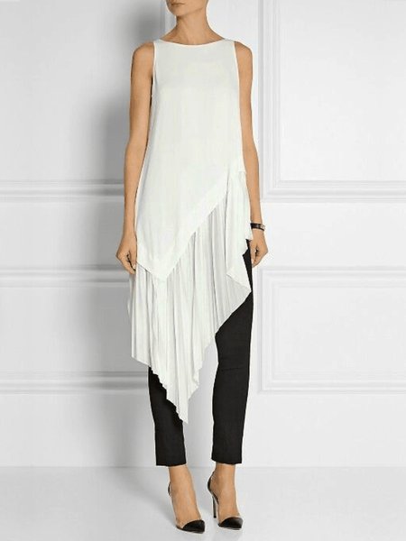 

Summer Lightweight Round Neck Pleated Short Sleeve Daily Tops, White, Tops