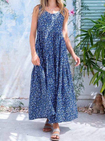

Floral Casual Loosen Sleeveless Woven Dresses, Blue, Dresses