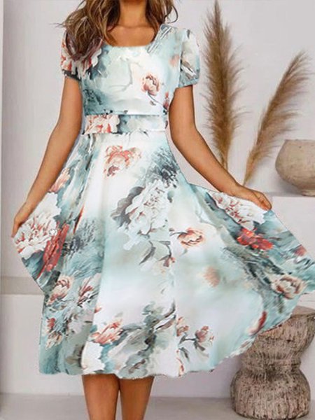 

Square Neck Regular Fit Floral Short Sleeve Knit Dress, Blue, Dresses