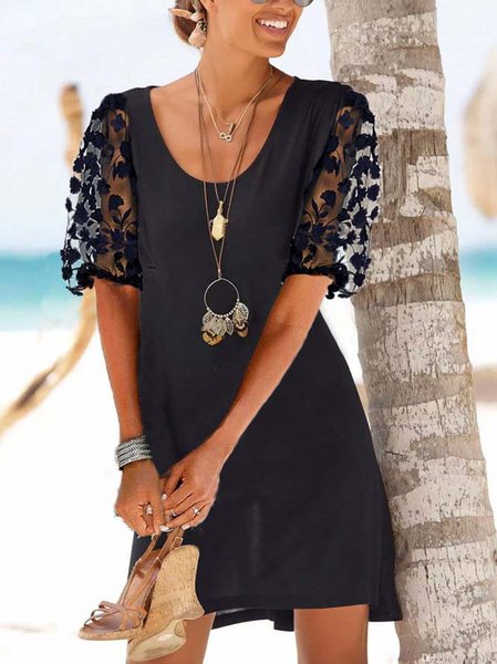 

Crew Neck Casual Short Sleeve Woven Dress, Black, Dresses