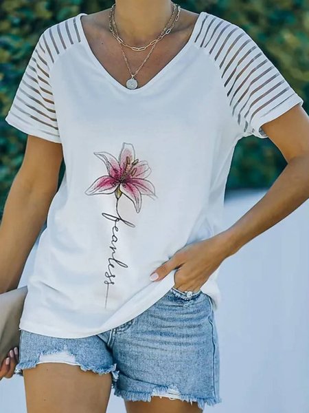 

Cotton Blends V Neck Casual Short Sleeve T-Shirt, White, T-Shirts